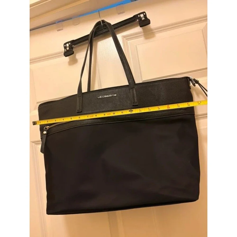 Liz Claiborne Black Nylon Shoulder Tote Bag Faux Leather Trim
